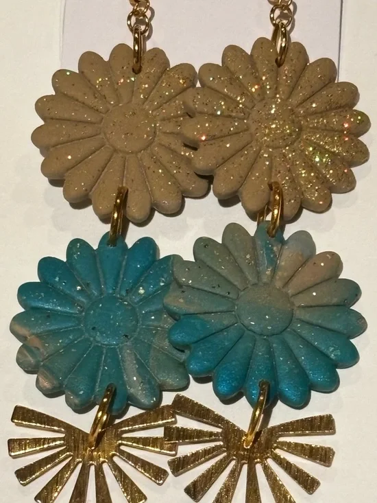 Gold and Blue Floral Dangle Earrings - Picture 2 of 4
